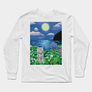 Calm landscape and cute cat cottagecore Long Sleeve T-Shirt